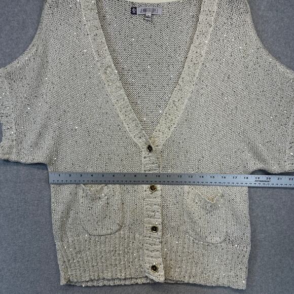 Jennifer Lopez Sweater Womens Medium Cream Sequins Cardigan Short Sleeve V-Neck - Picture 7 of 10